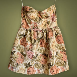 Brown Floral Mini Strapless Bodice Dress Fit and Flair